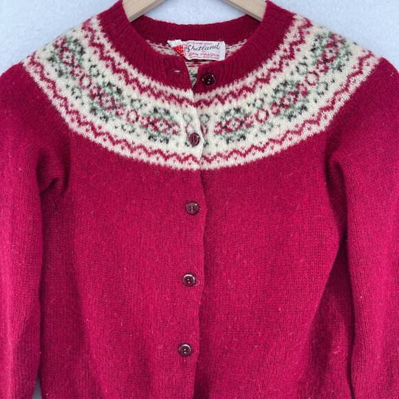 JOHN TULLOCH Sweater Womens XS Shetland 100% Wool Fair Isle Cardigan Red VTG - Picture 3 of 12